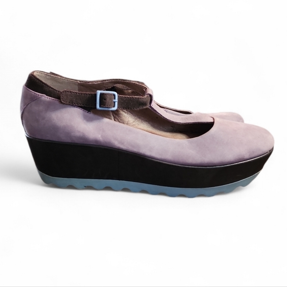 CAMPER Laika MultiColor T-Strap Chunky Platform Shoes Suede Violet Blue Gray